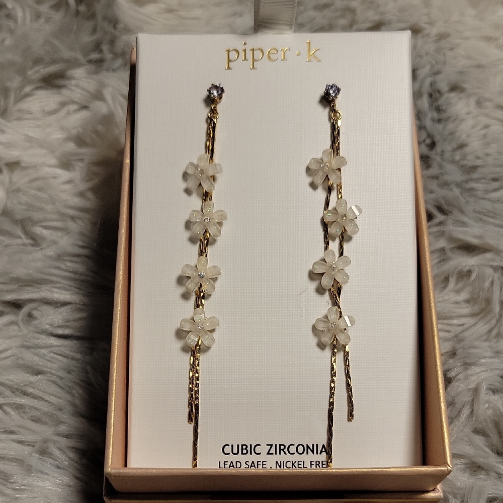 Piper K Dainty Floral Drop Earrings – Gold Chain with Cubic Zirconia (A001)